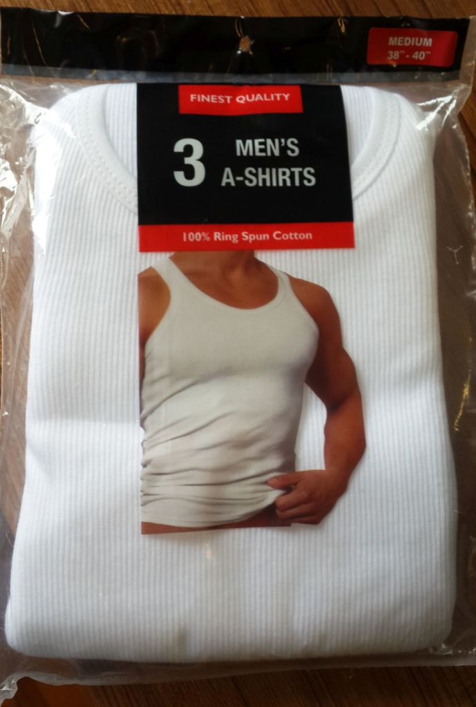 Wholesale ribbed tank top undershirts. 3-pack packaging-front