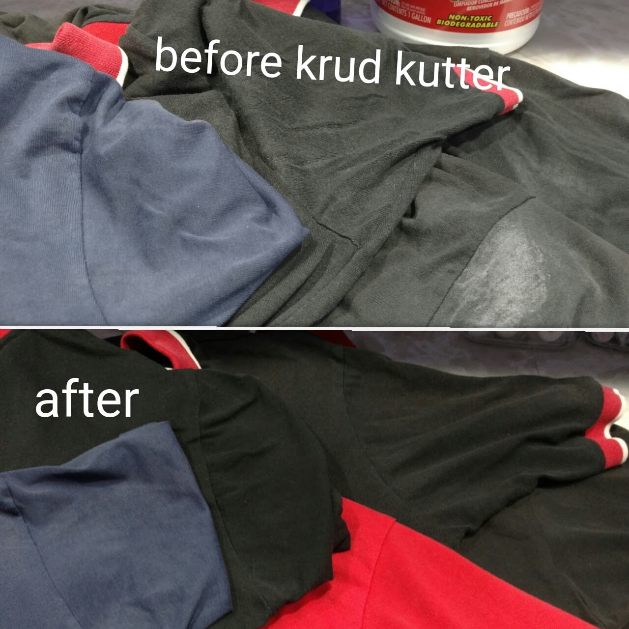 before & after photo. using krud kutter to remove deodorant stains
