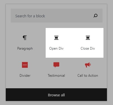 Gutenberg DIV Blocks plugin adds Open/Close Div blocks
